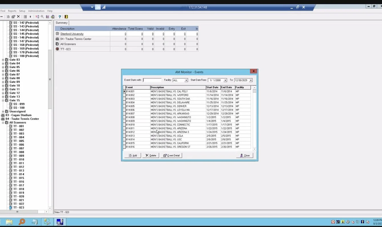 The legacy Paciolan access control desktop application — a dense 1990s Windows event monitor