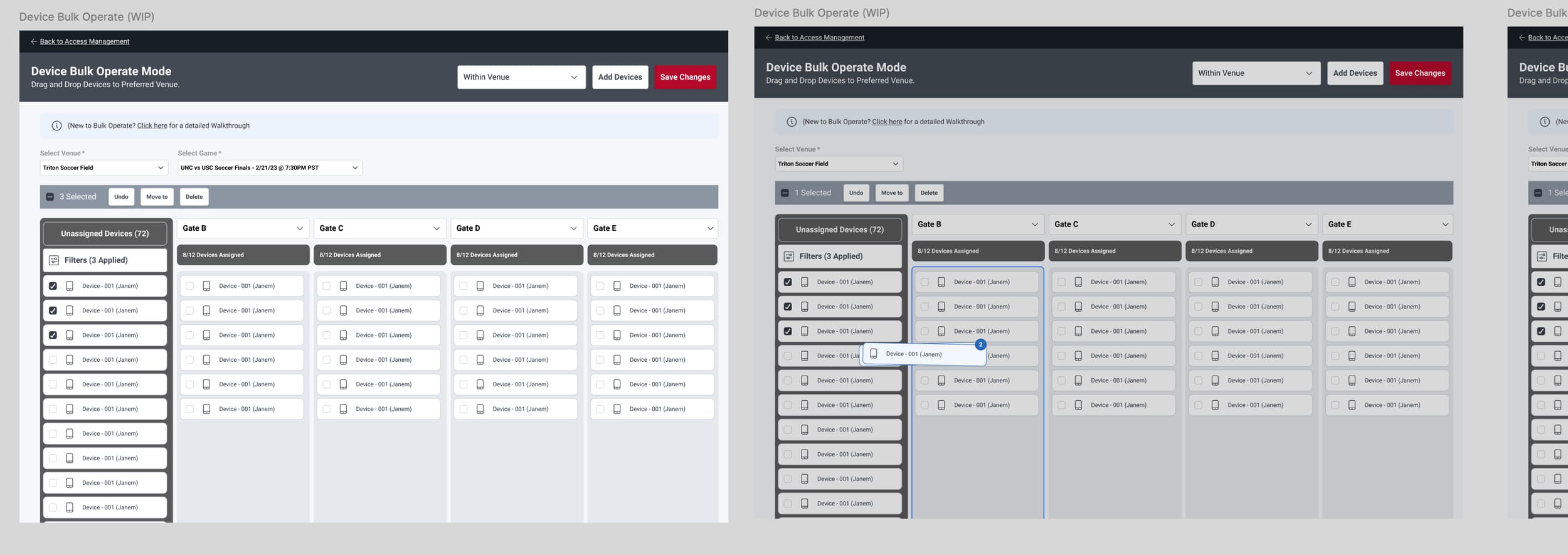 Mid-fidelity wireframes — an early structural pass at the device and assignment screens
