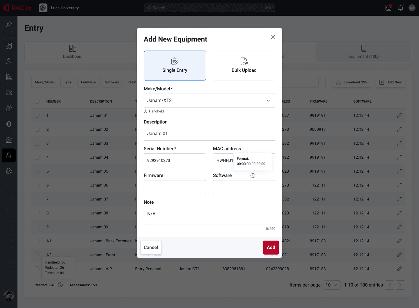 Adding new equipment via a focused single-entry or bulk-upload modal