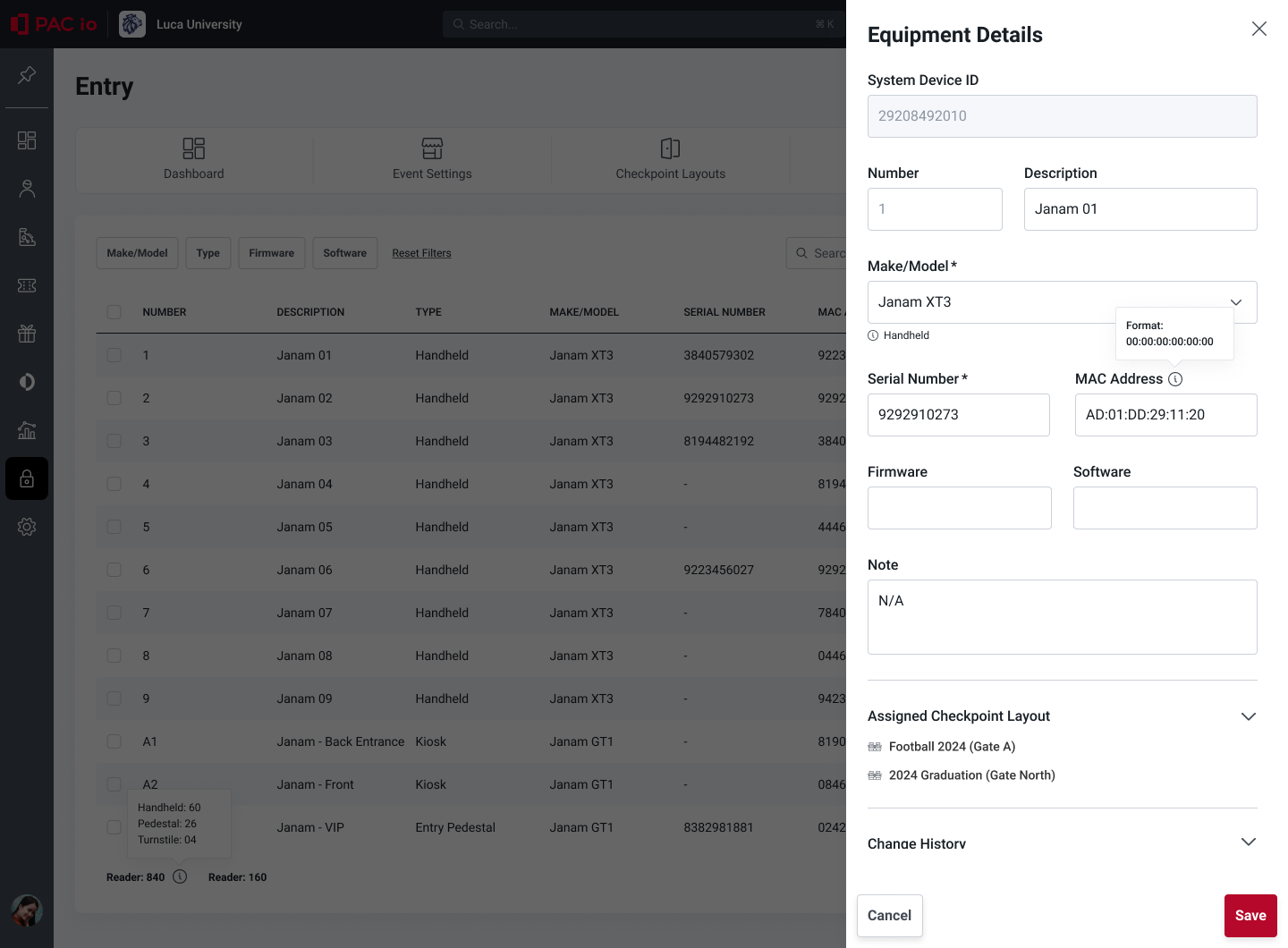 The full equipment details side pane, with assigned layouts and change history