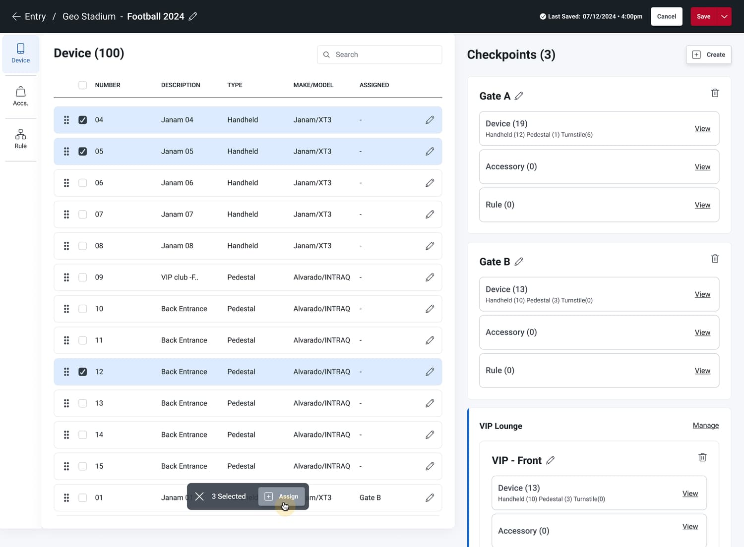 Focus view — selecting devices and assigning them to gates and checkpoints side by side