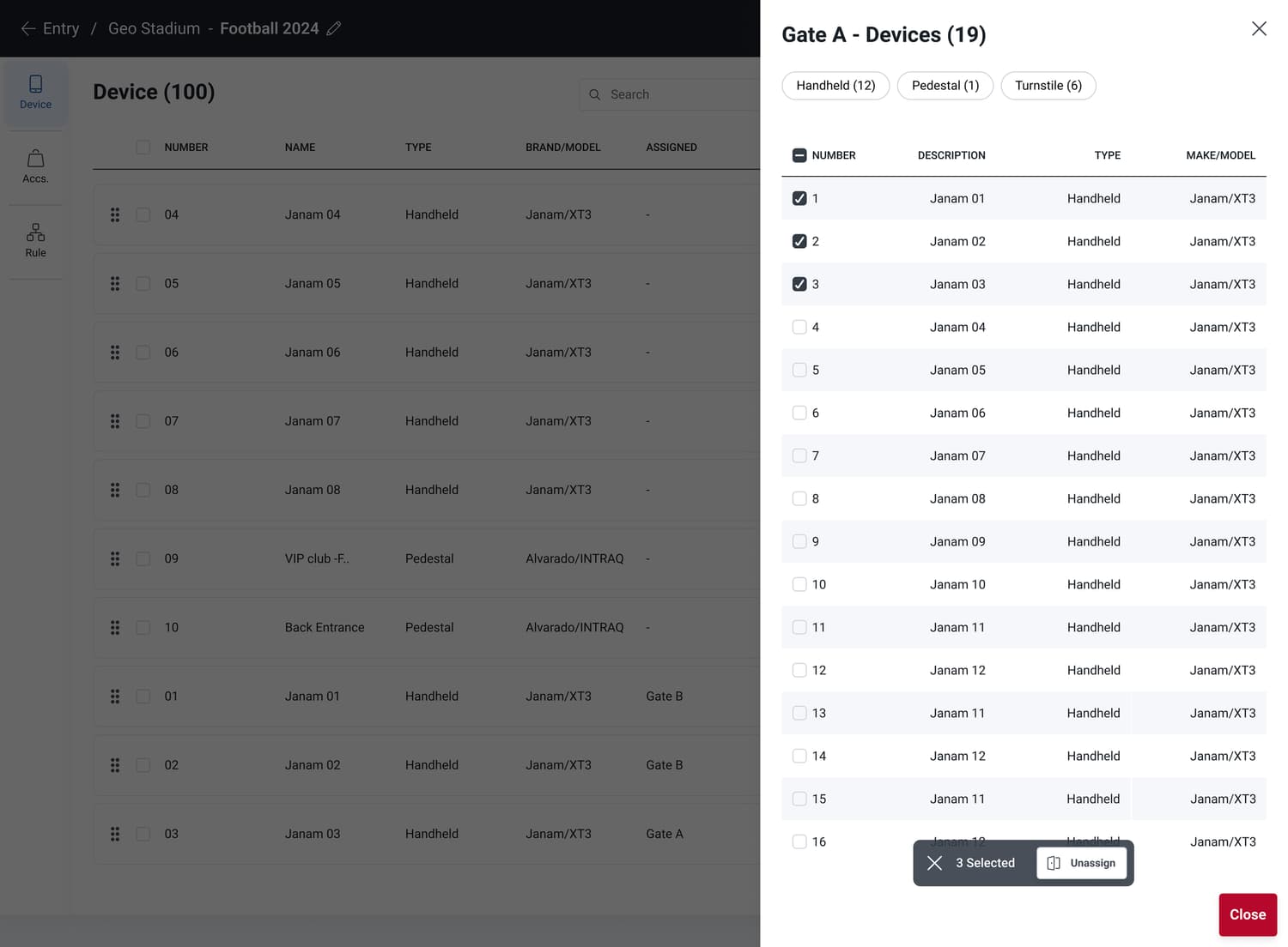 The side pane bulk actions — assigning or unassigning a batch of devices at once