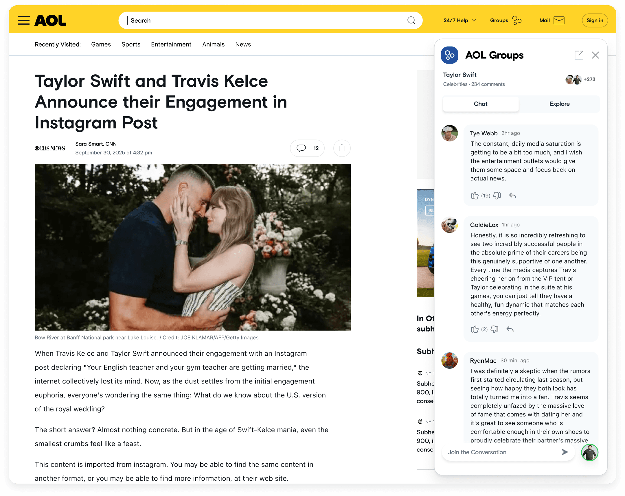 The shipped AOL Groups side module docked beside a live article, with chat and explore tabs