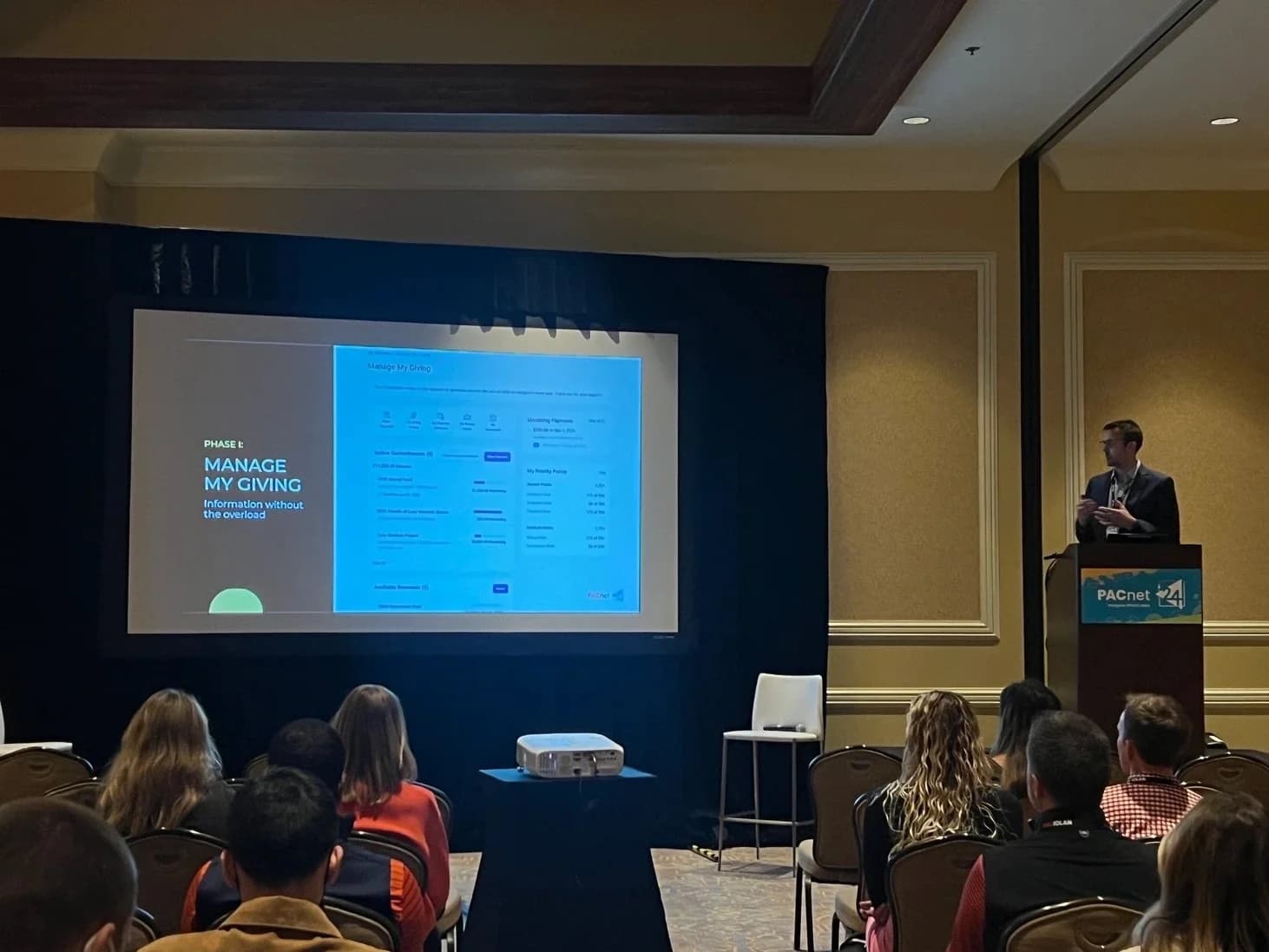 Presenting Manage My Giving — MVP, V1, and V2 — to university clients at the PACNET 2024 conference in Huntington Beach
