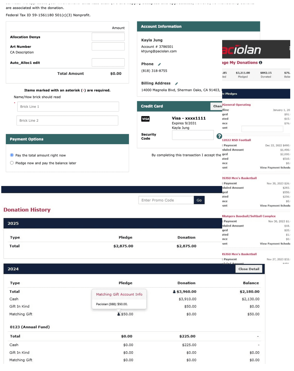 The legacy donation-management screen — a dense donation form crammed beside account, billing, and payment panels